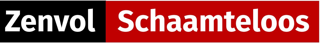 banner is zwart en rood met witte letters zenvol schaamteloos